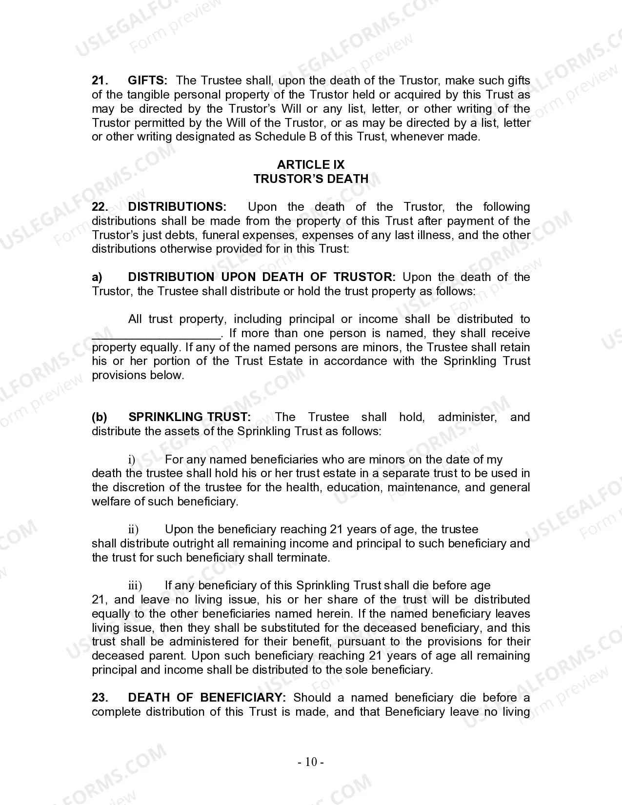 Preview Living Trust for Individual Who is Single, Divorced or Widow (or Widower) with No Children