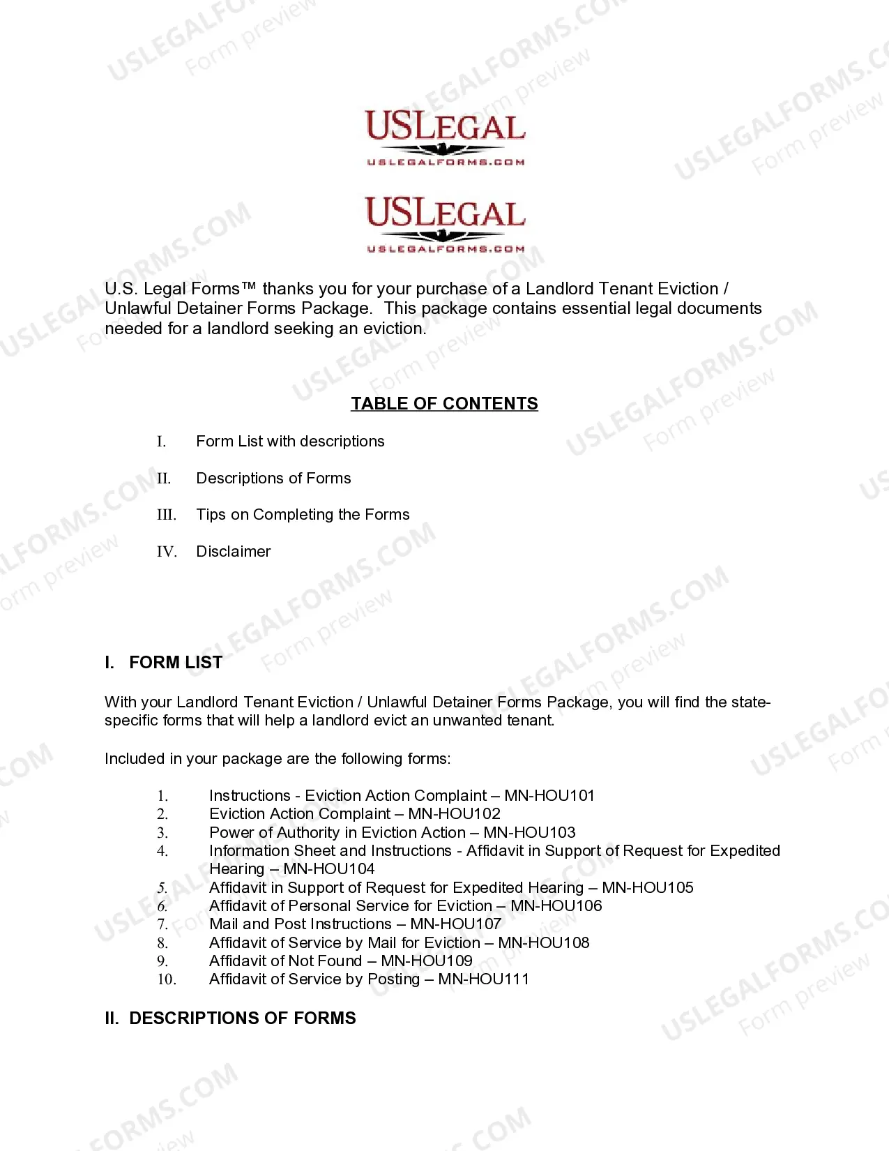 Preview Minnesota Landlord Tenant Eviction / Unlawful Detainer Forms Package