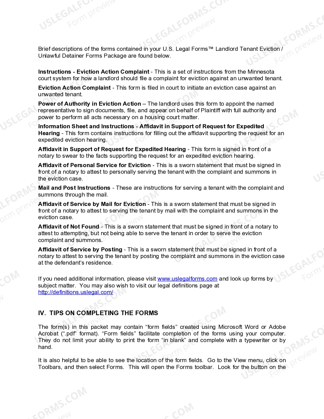 Preview Minnesota Landlord Tenant Eviction / Unlawful Detainer Forms Package