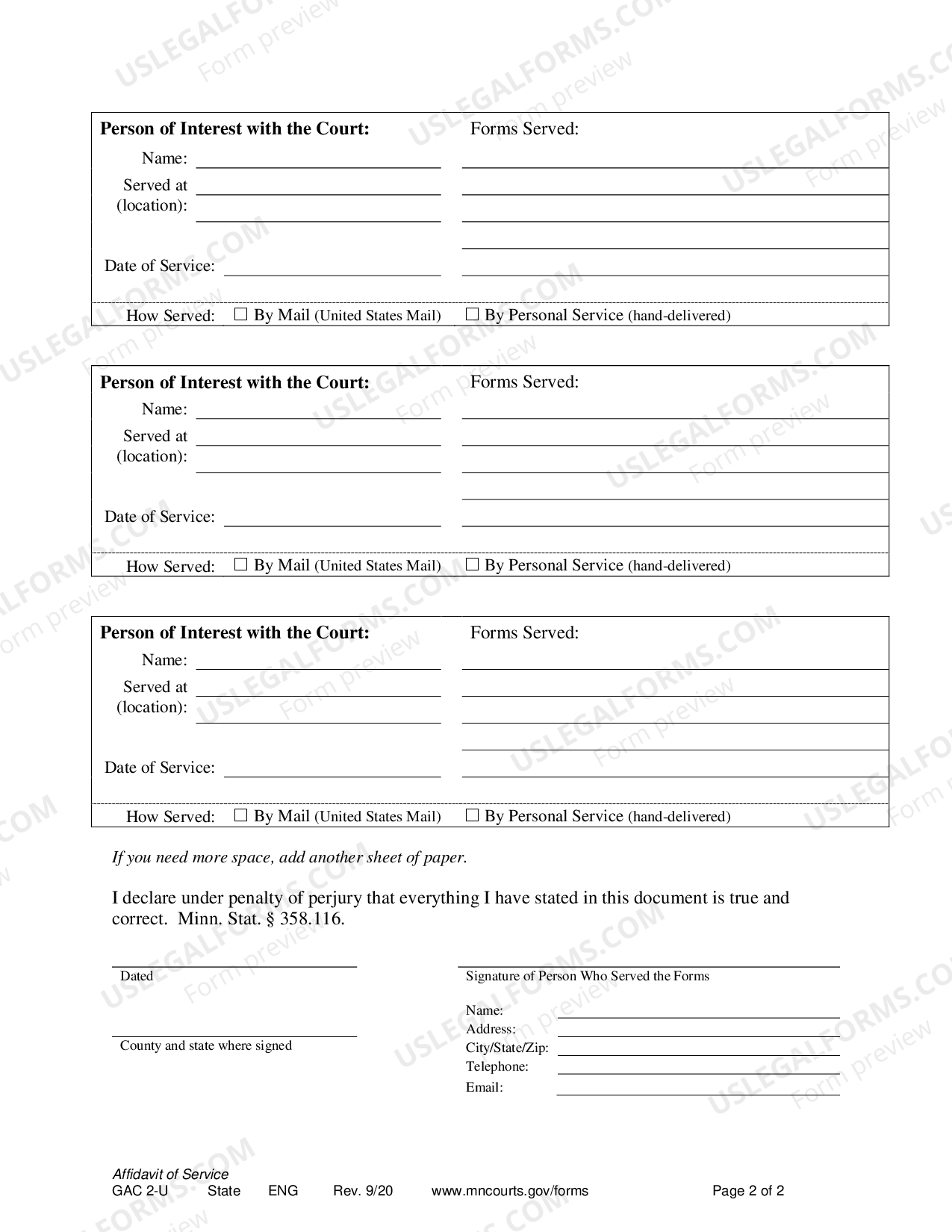 Minnesota Affidavit Of Personal Service For Guardianship Affidavit Of 