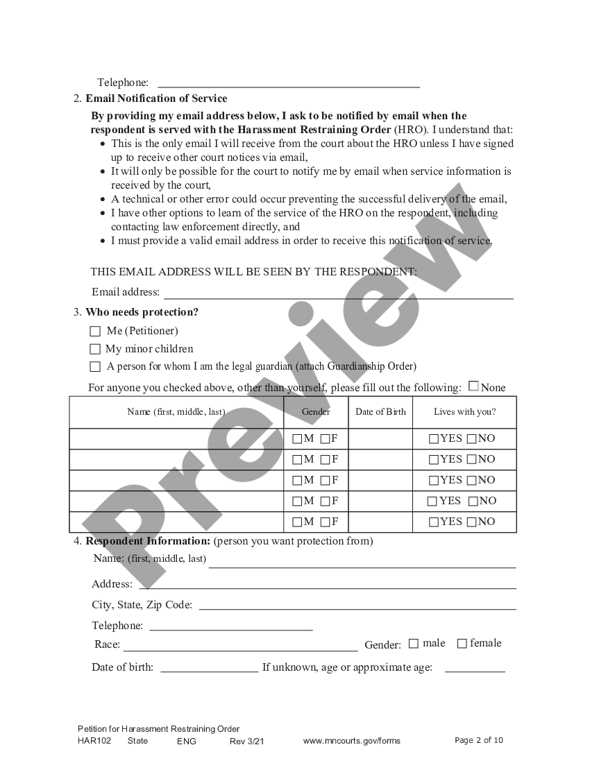 Minnesota Petitioner Harassment Restraining Order Form Mn US Legal