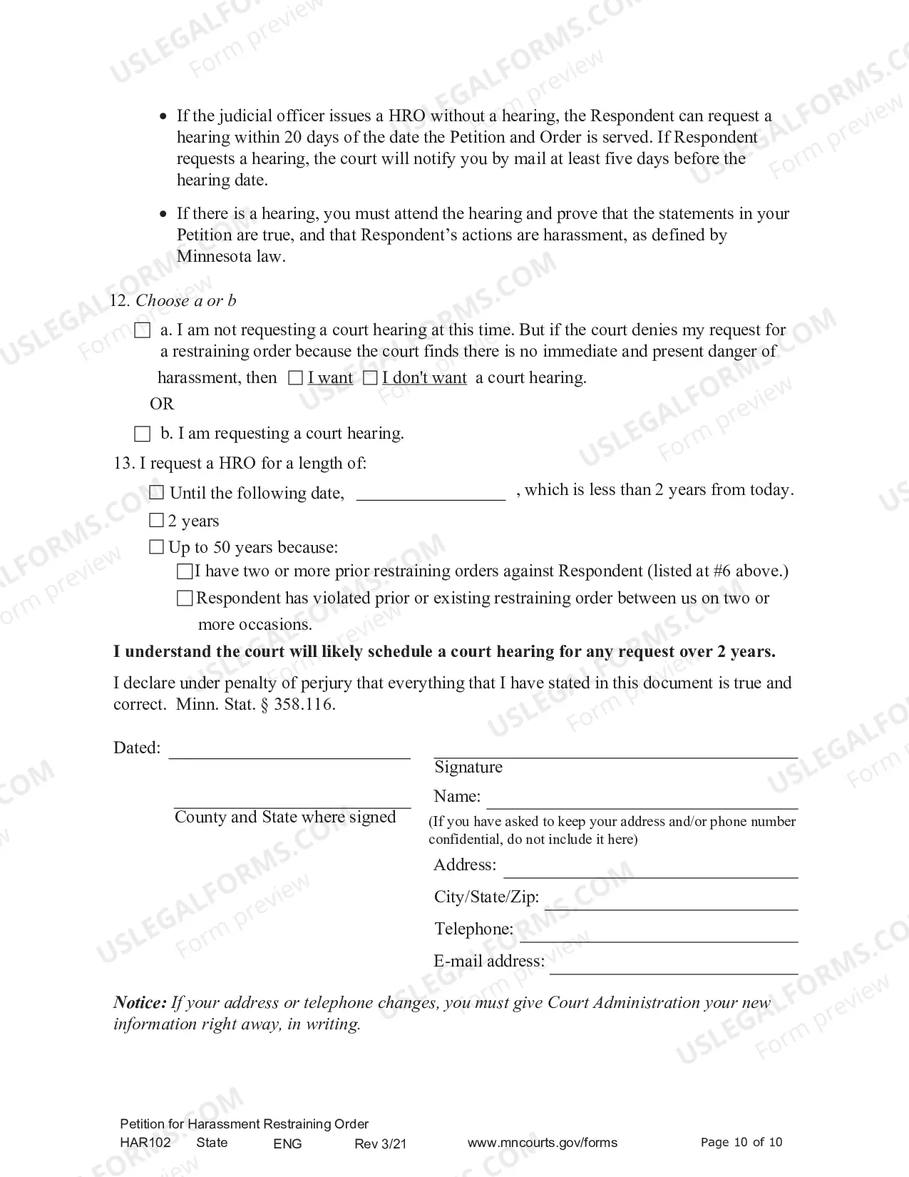 Preview Petitioner - Affidavit and Petition for Harassment Restraining Order