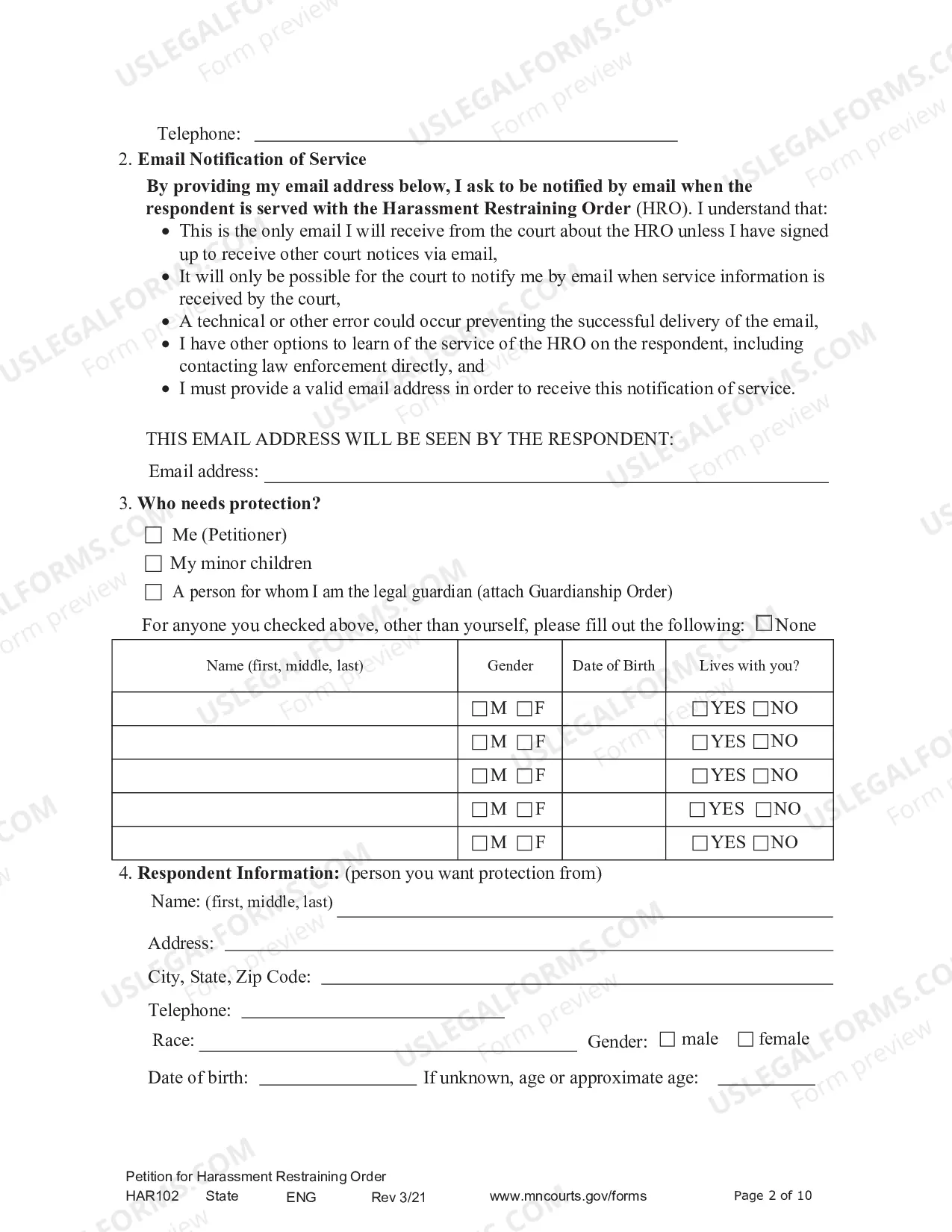 Preview Petitioner - Affidavit and Petition for Harassment Restraining Order