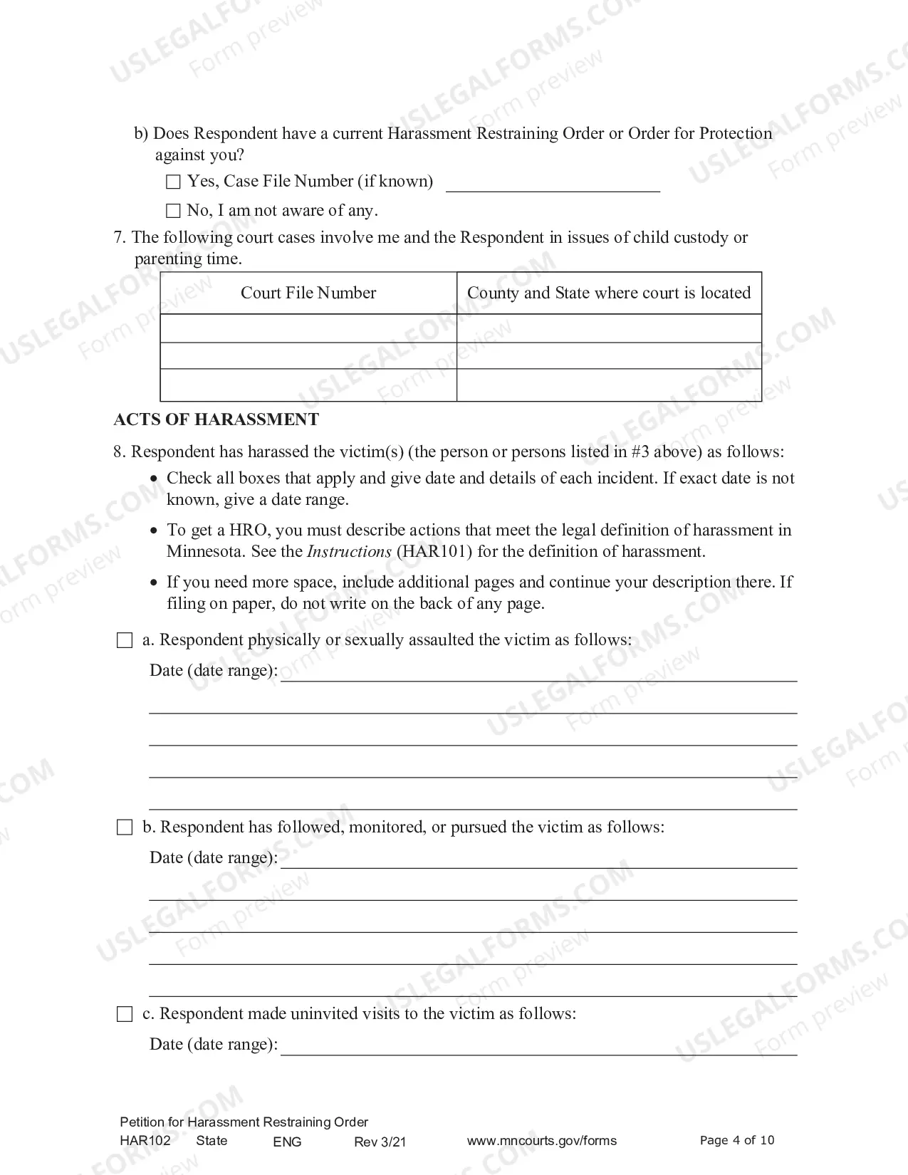 Preview Petitioner - Affidavit and Petition for Harassment Restraining Order
