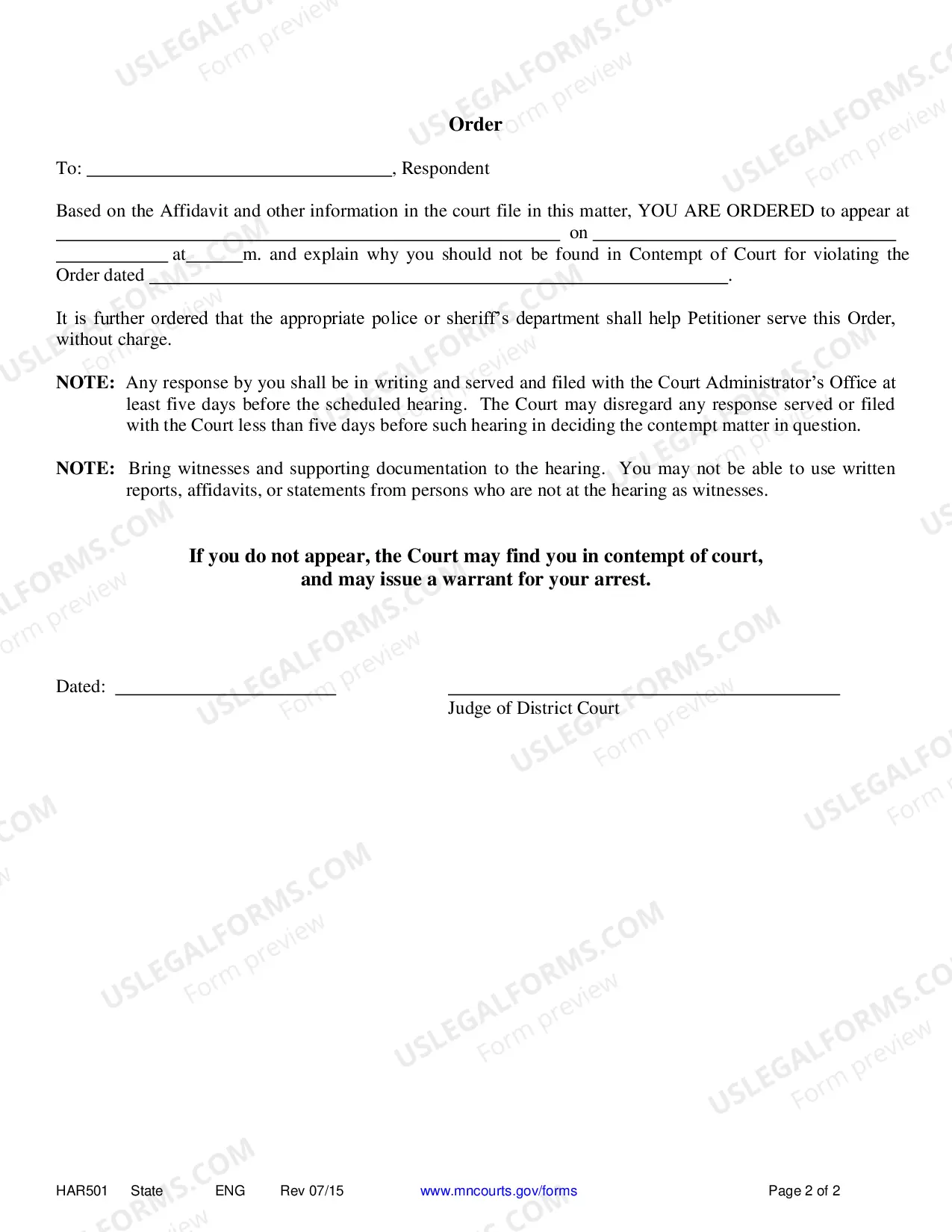 Preview Affidavit and Order to Show Cause for Contempt