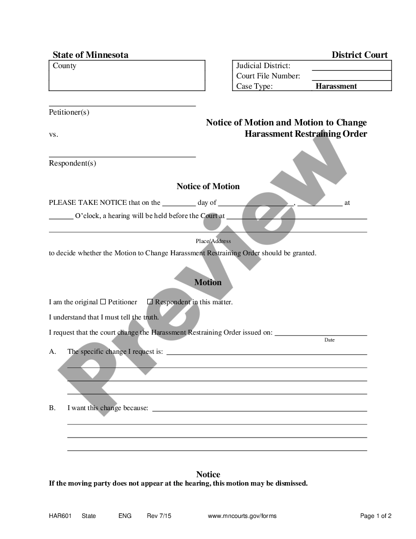 Hennepin Minnesota Motion and Notice of Motion to Change Harassment