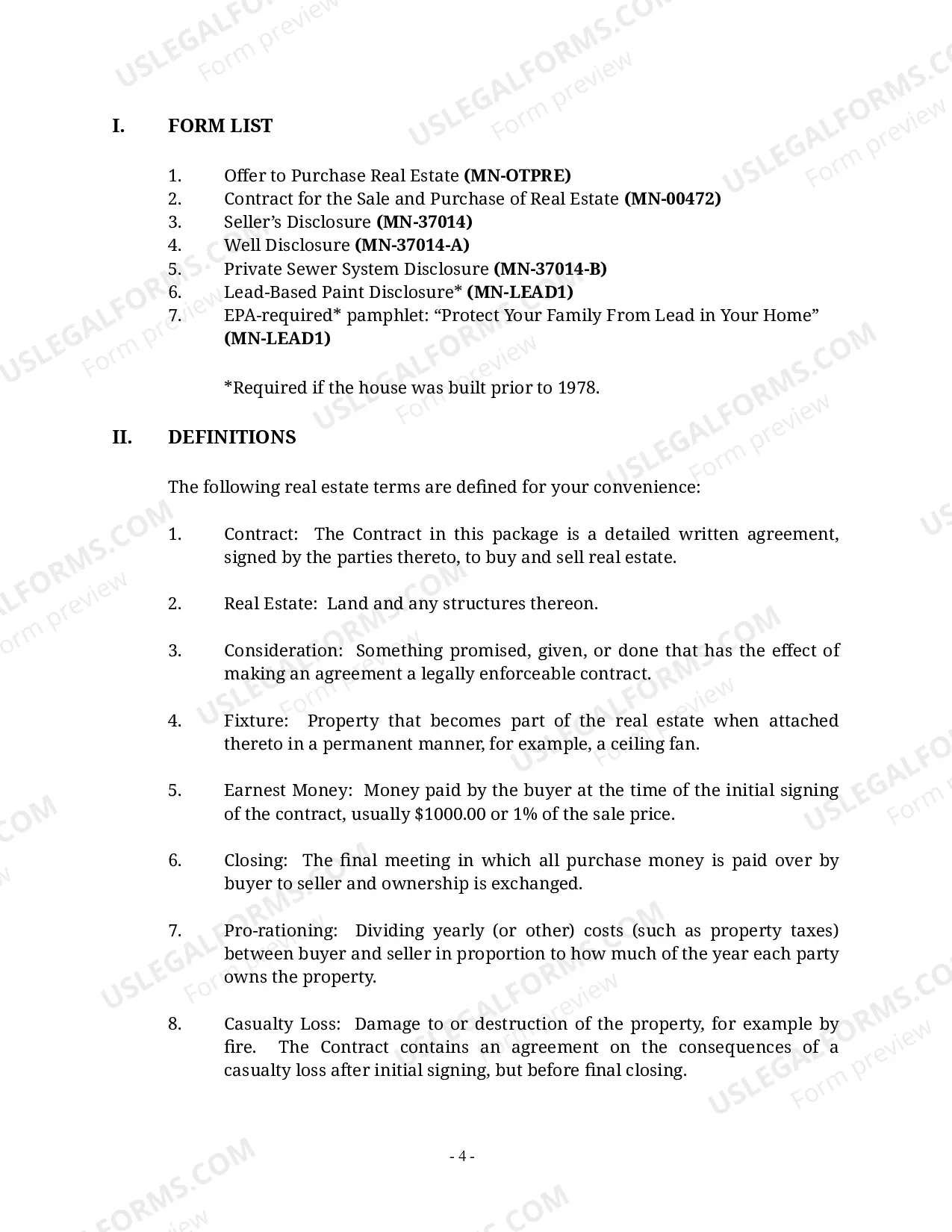 Preview Minnesota Real Estate Home Sales Package with Offer to Purchase, Contract of Sale, Disclosure Statements and more for Residential House
