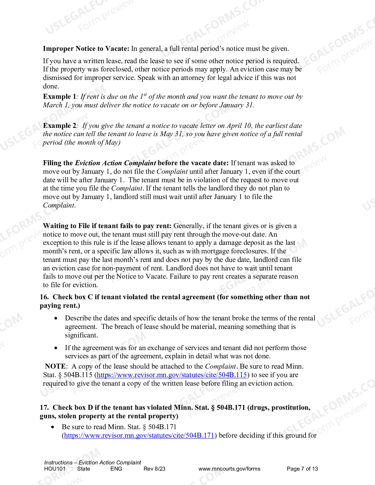 Preview Instructions - Eviction Action Complaint