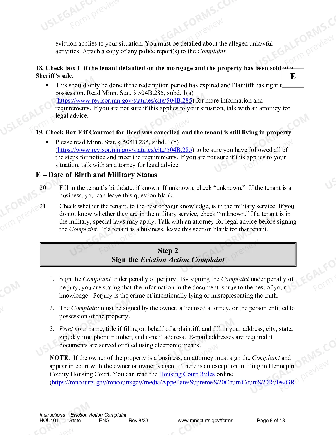 Preview Instructions - Eviction Action Complaint