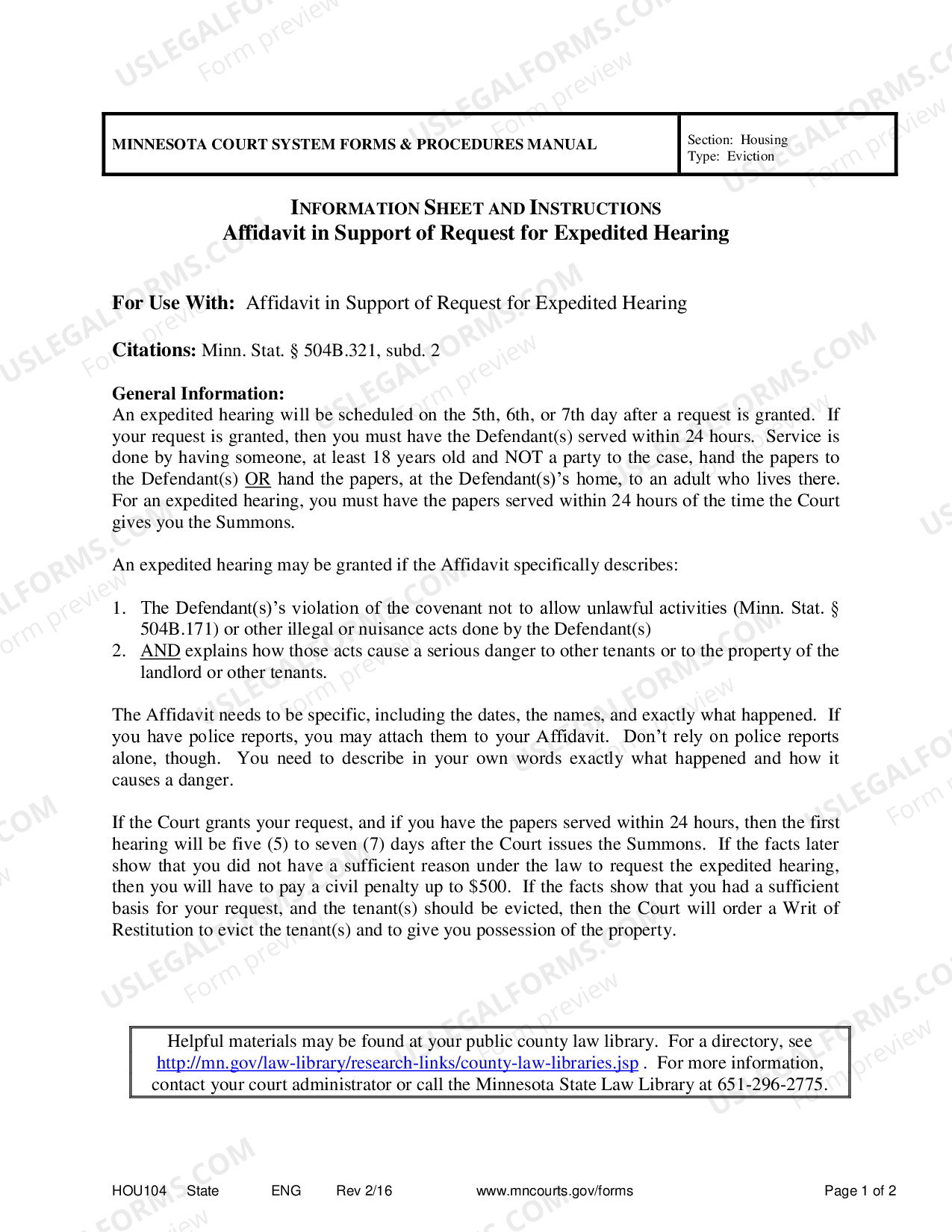 Minnesota Information Sheet and Instructions Affidavit in Support of