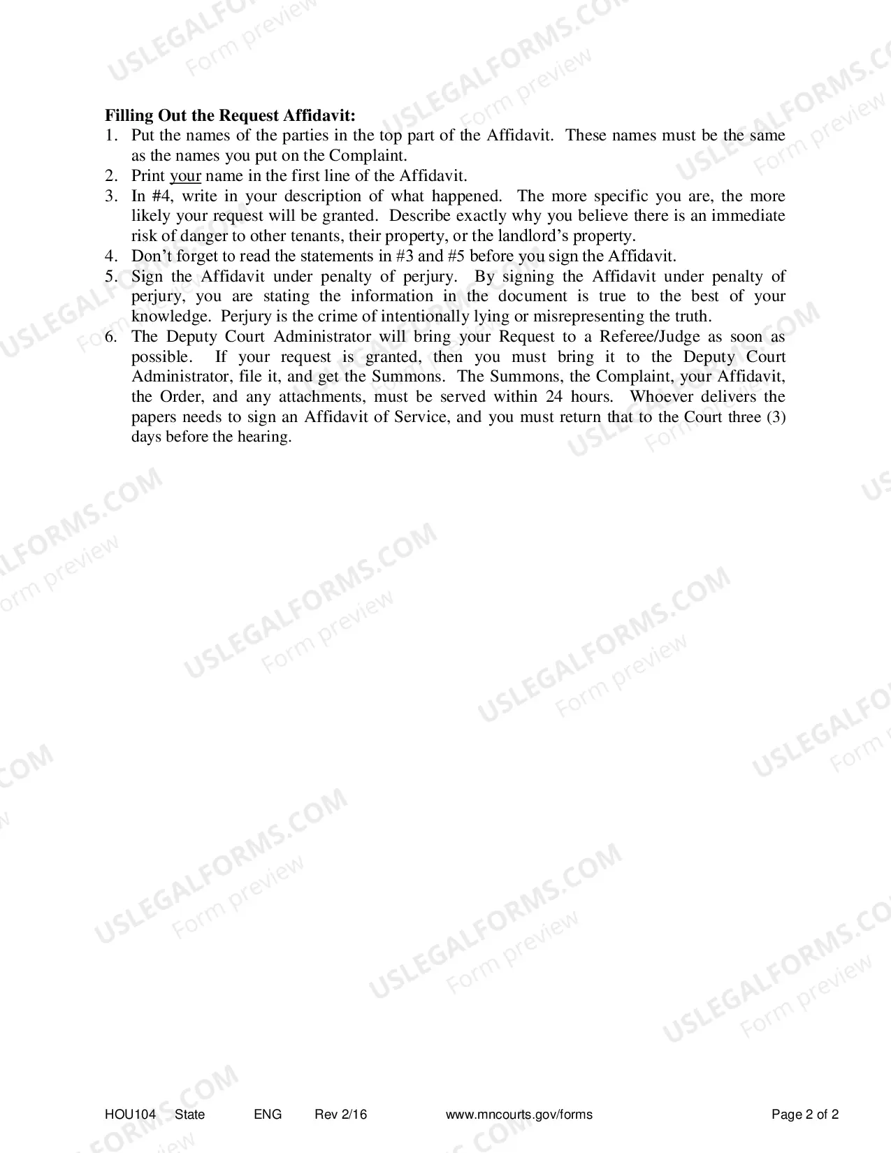 Preview Information Sheet and Instructions - Affidavit in Support of Request for Expedited Hearing