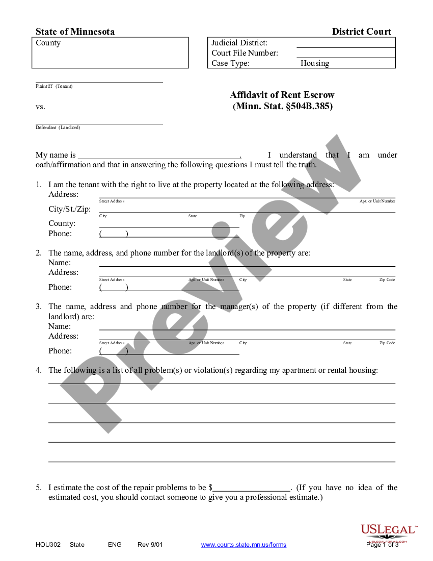 Minnesota Affidavit for Escrow of Rent - Affidavit Of No Rental | US ...