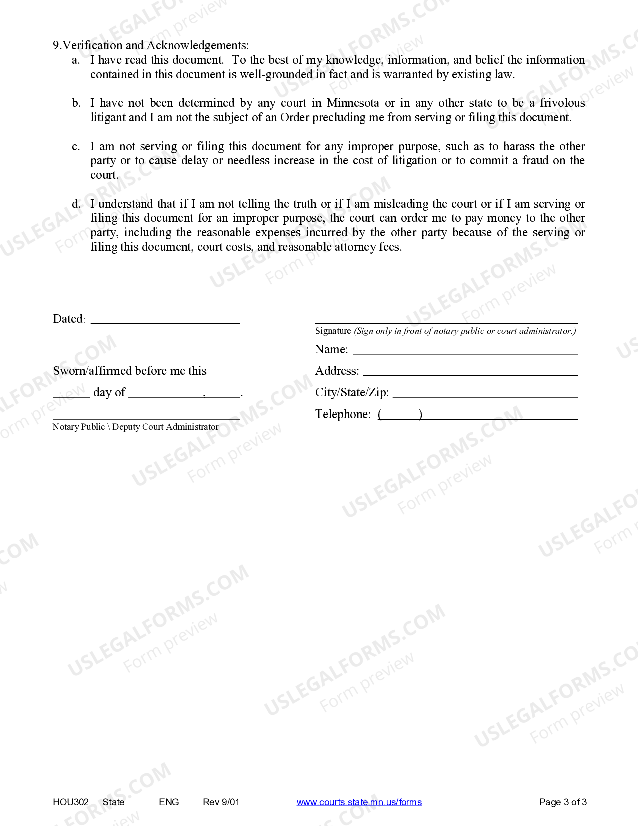 Minnesota Affidavit for Escrow of Rent Affidavit Of No Rental US