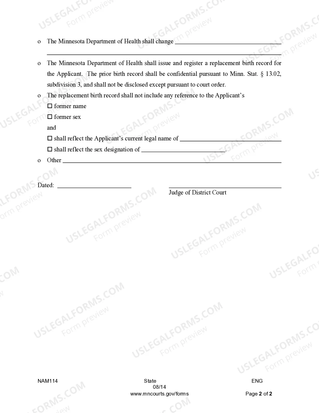 Preview Order Granting Replacement Birth Record
