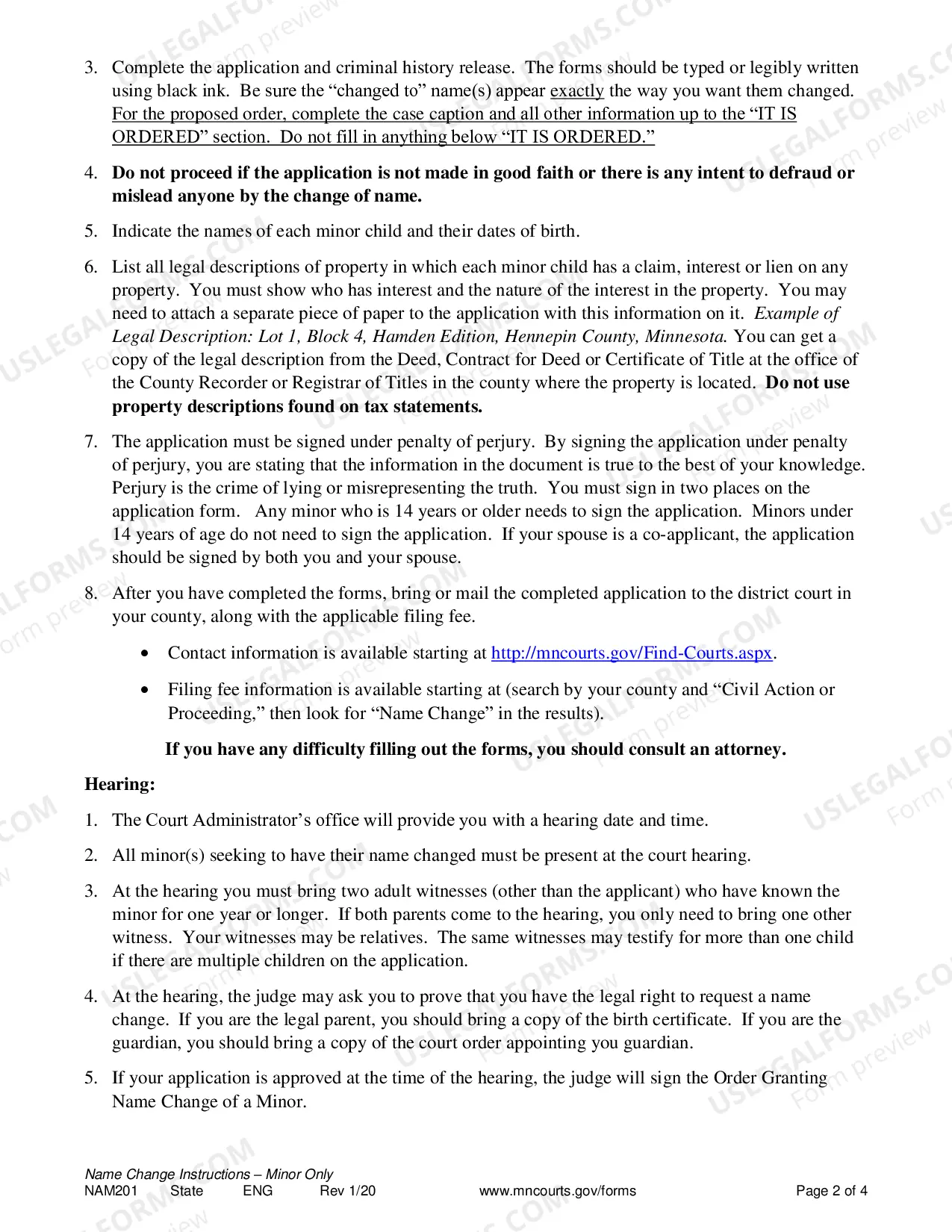 Preview Instructions for Name Change of a Minor