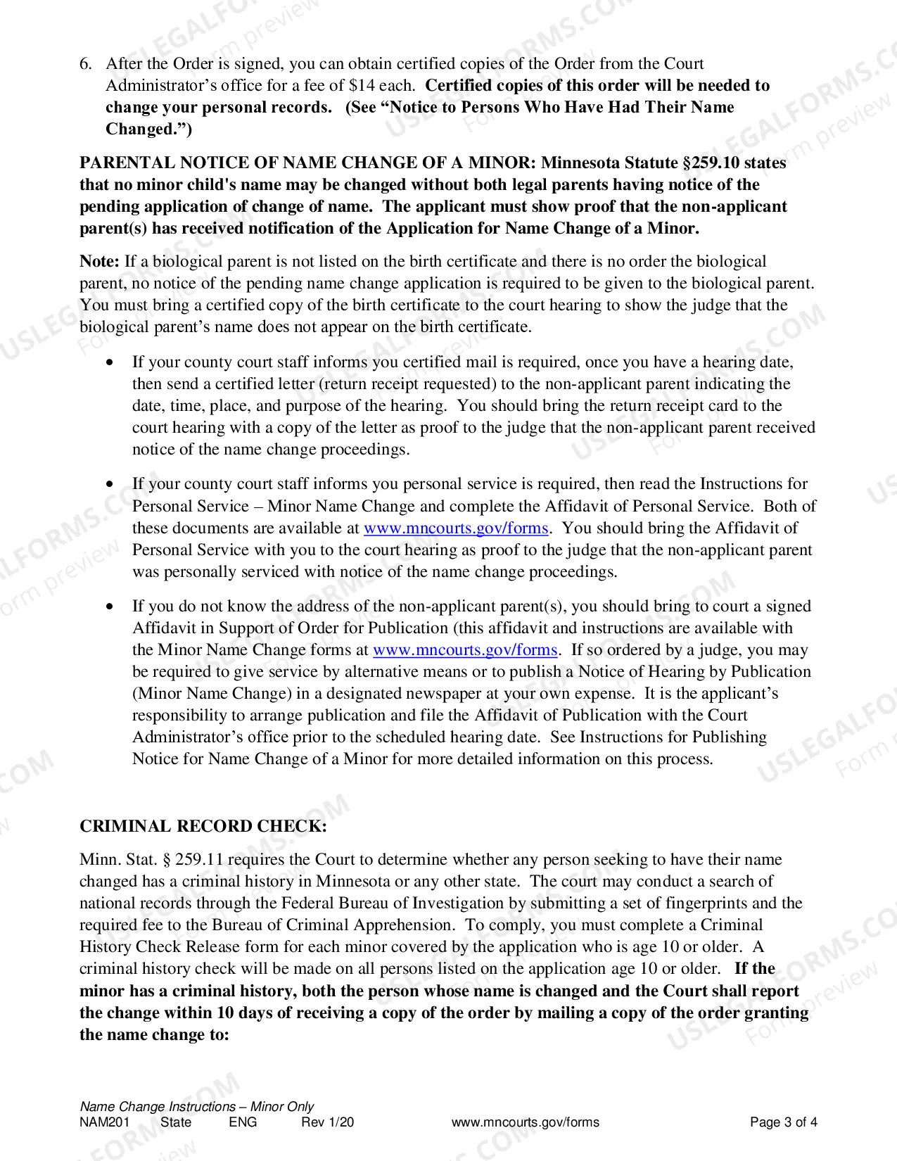 Preview Instructions for Name Change of a Minor