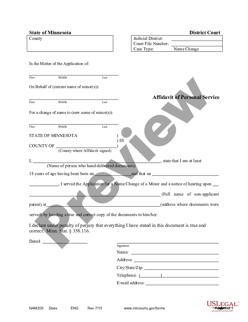 Minnesota Affidavit Of Personal Service Us Legal Forms 0971