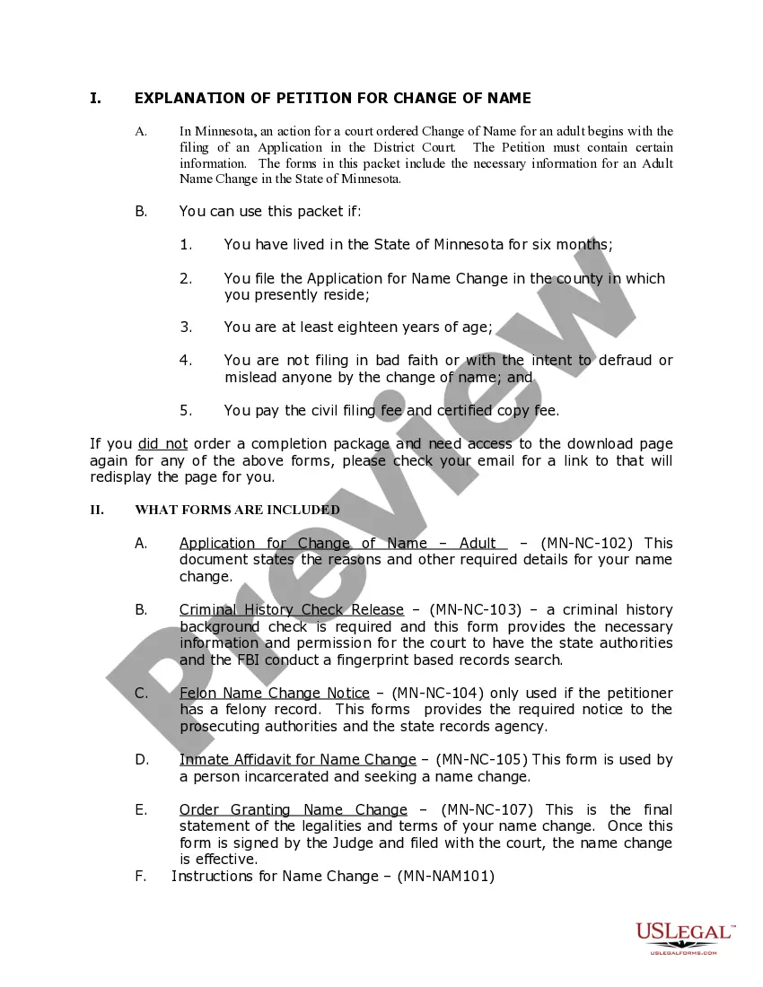 Preview Minnesota Name Change Instructions and Forms Package for an Adult
