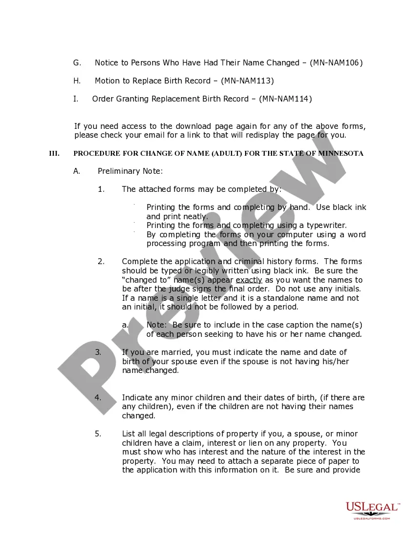 Preview Minnesota Name Change Instructions and Forms Package for an Adult