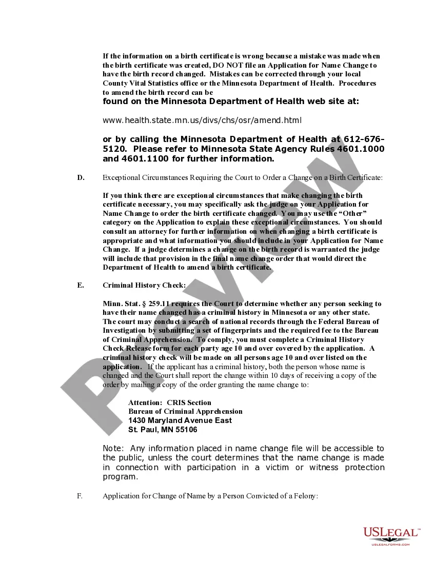 Preview Minnesota Name Change Instructions and Forms Package for an Adult
