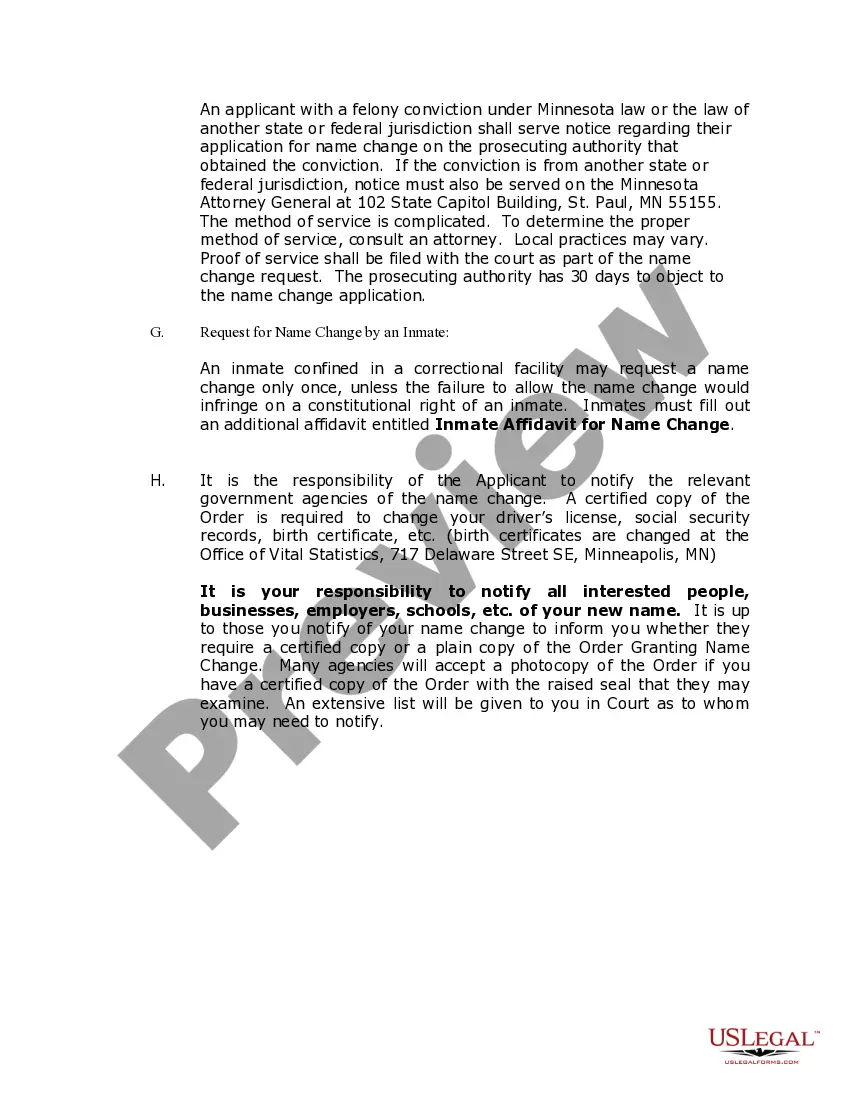 Preview Minnesota Name Change Instructions and Forms Package for an Adult