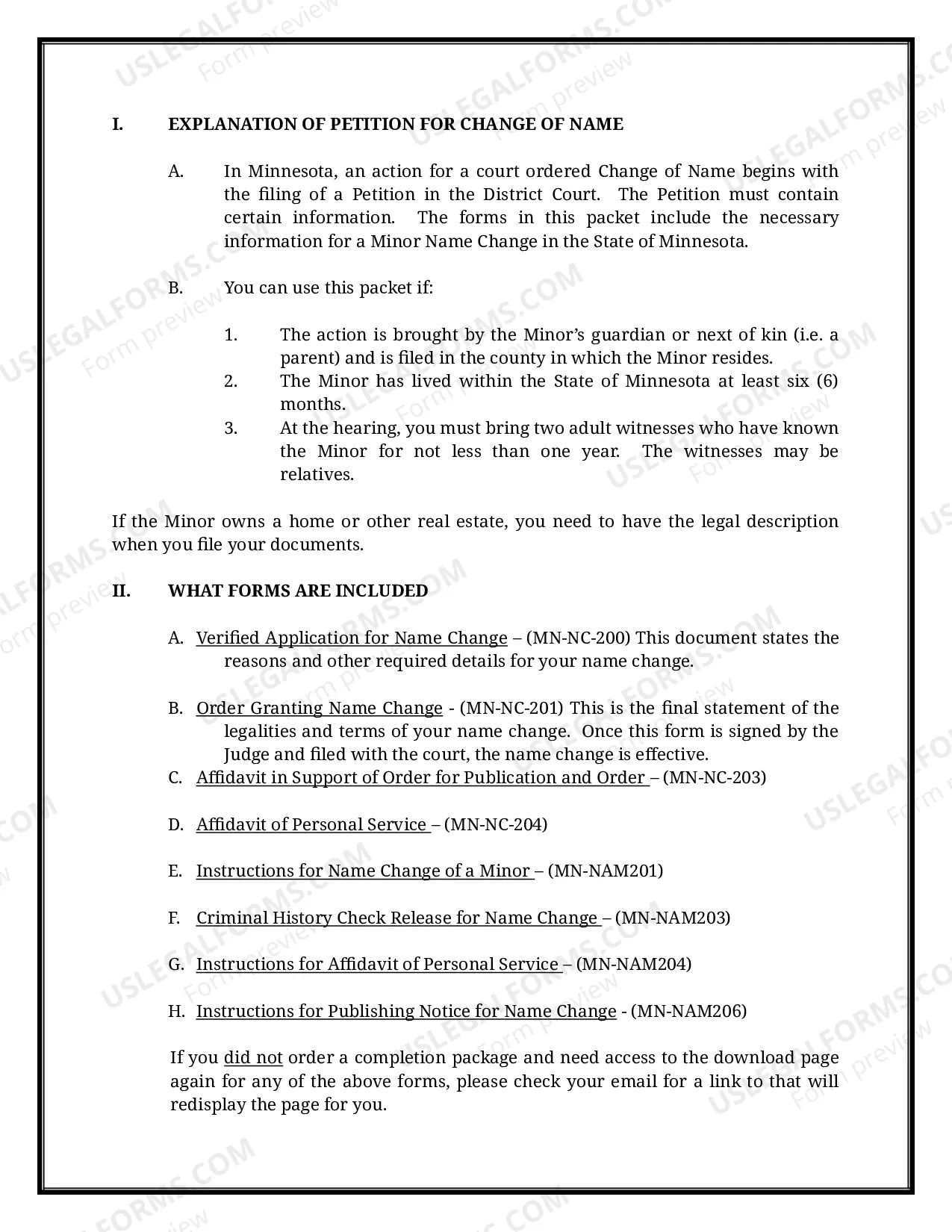 Preview Minnesota Name Change Instructions and Forms Package for a Minor