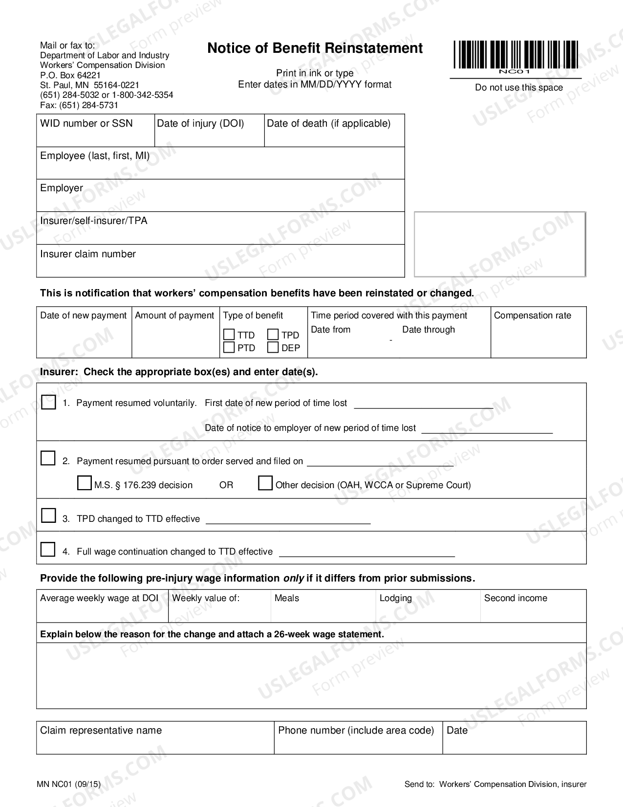 Minnesota Notice of Benefit Reinstatement for Workers' Compensation