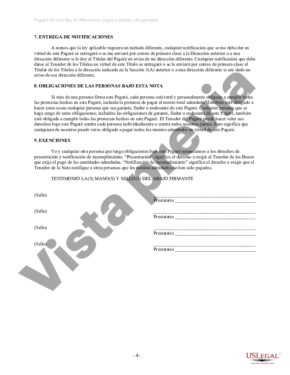 Preview Pagaré de pago a plazos no garantizado de Minnesota para tasa fija