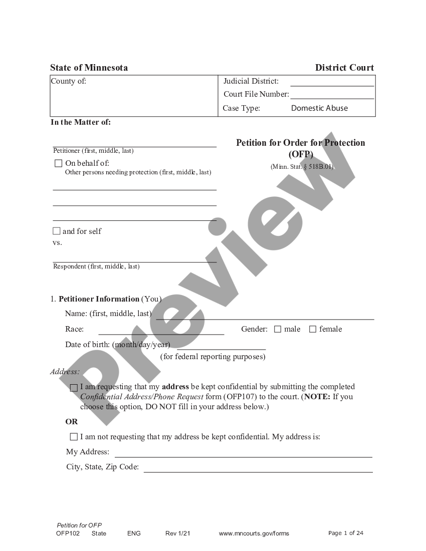 Minnesota Petitioner Affidavit and Petition for Order for Protection