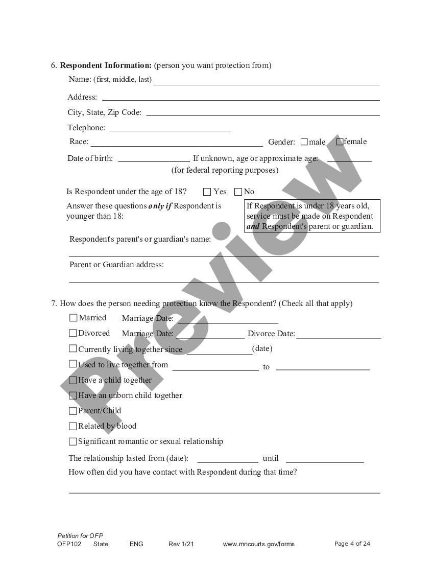 Minnesota Petitioner Affidavit and Petition for Order for Protection