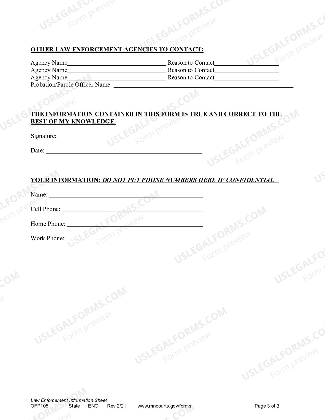 Minneapolis Minnesota Law Enforcement Information Sheet US Legal Forms