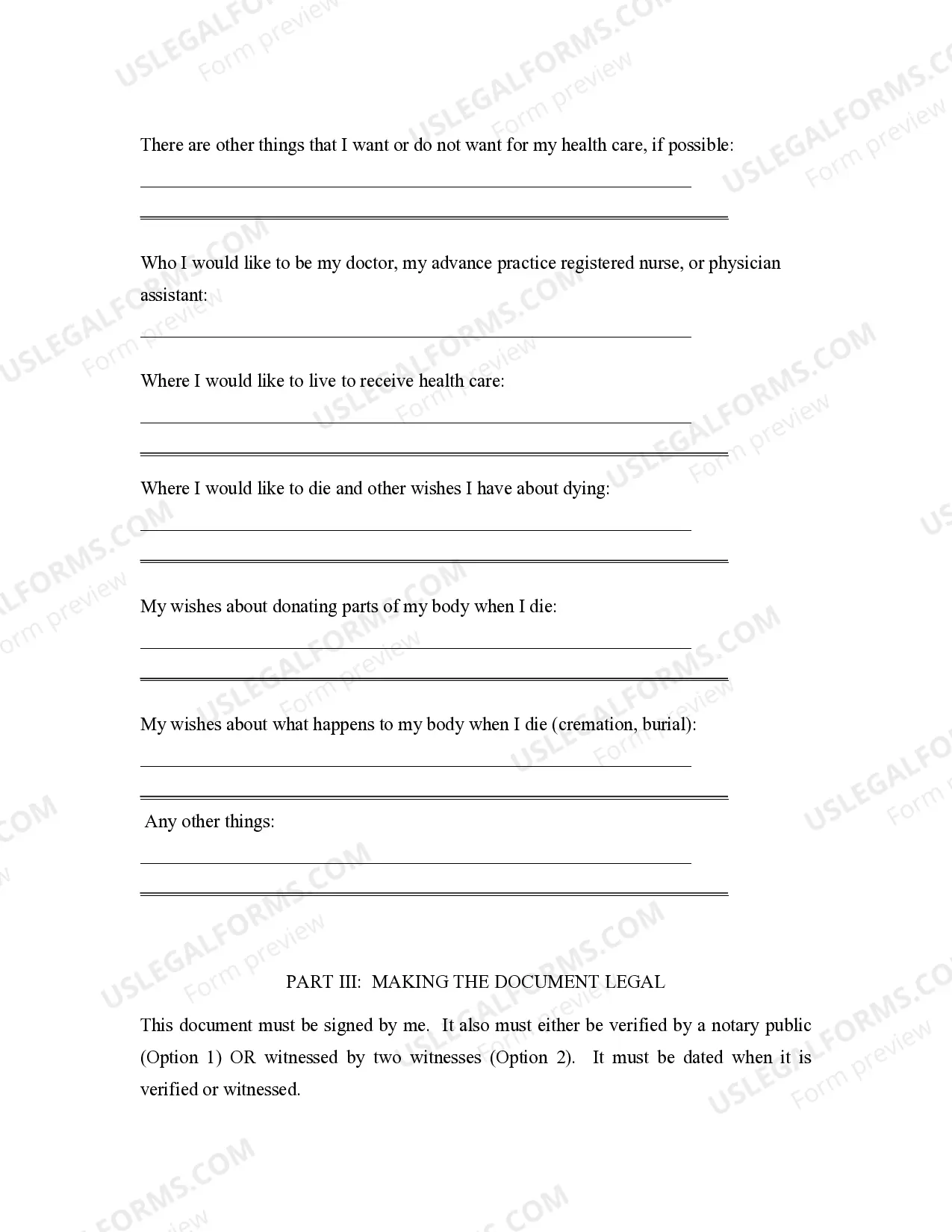 Preview Statutory Health Care Directive as Living Will