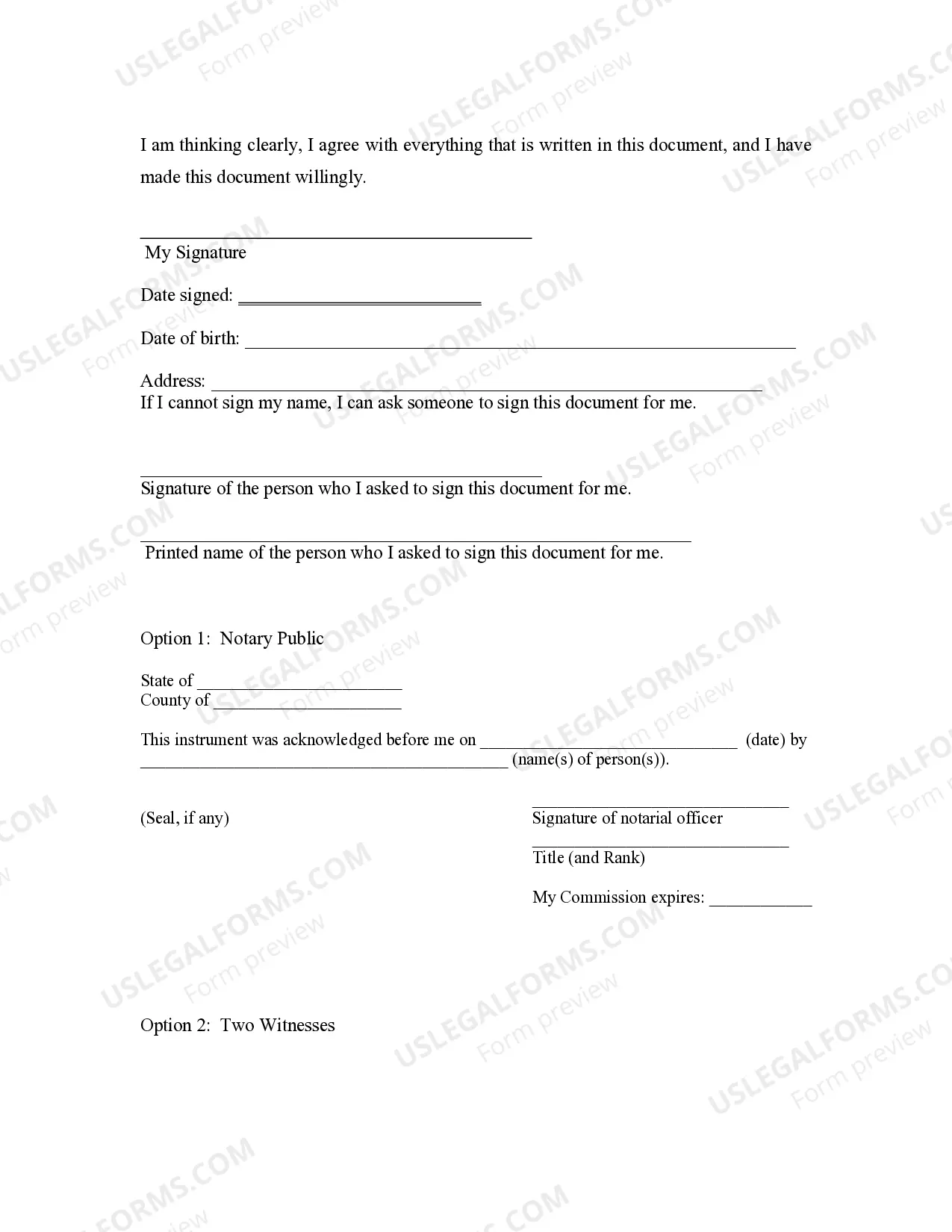 Preview Statutory Health Care Directive as Living Will