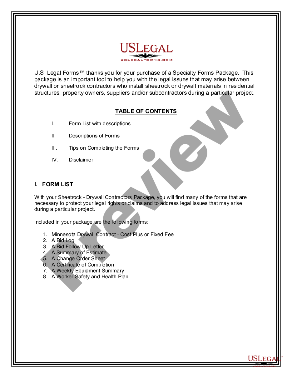 page 1 Sheetrock Drywall Contractor Package preview