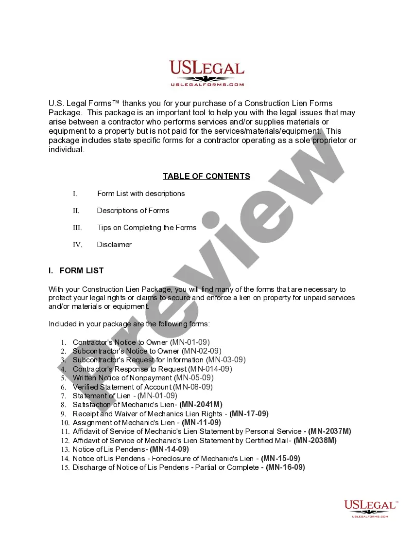 Get Minnesota Construction or Mechanics Lien Package - Individual Preview Minnesota Construction or Mechanics Lien Package - Individual