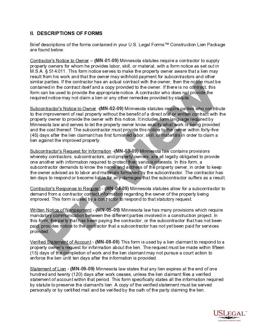 Get Minnesota Construction or Mechanics Lien Package - Individual Preview Minnesota Construction or Mechanics Lien Package - Individual
