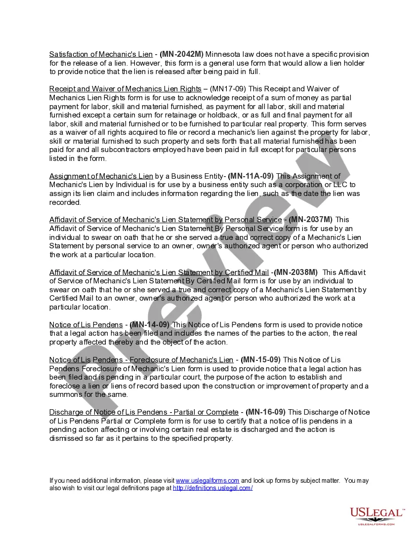 Get Minnesota Construction or Mechanics Lien Package - Corporation or LLC Preview Minnesota Construction or Mechanics Lien Package - Corporation or LLC