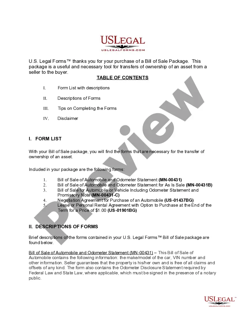 Preview Minnesota Automobile Bill of Sale Package