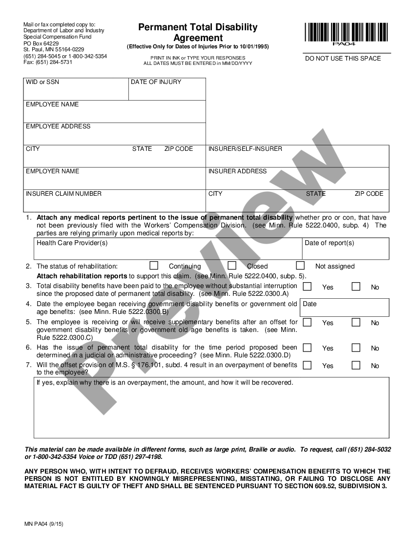 Saint Paul Minnesota Permanent Total Disability Agreement for Workers