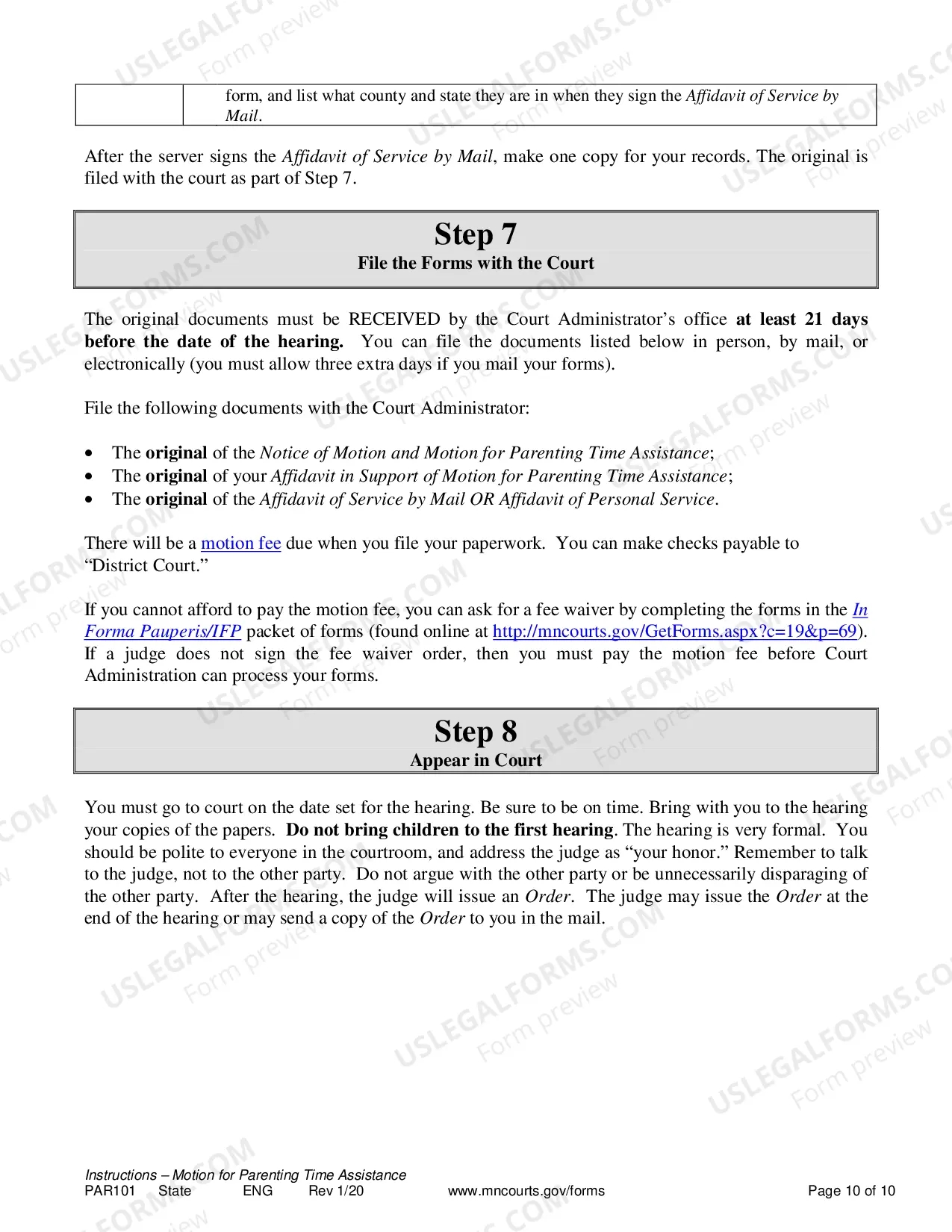 Preview Instructions for Resolution of Parenting Time Problem
