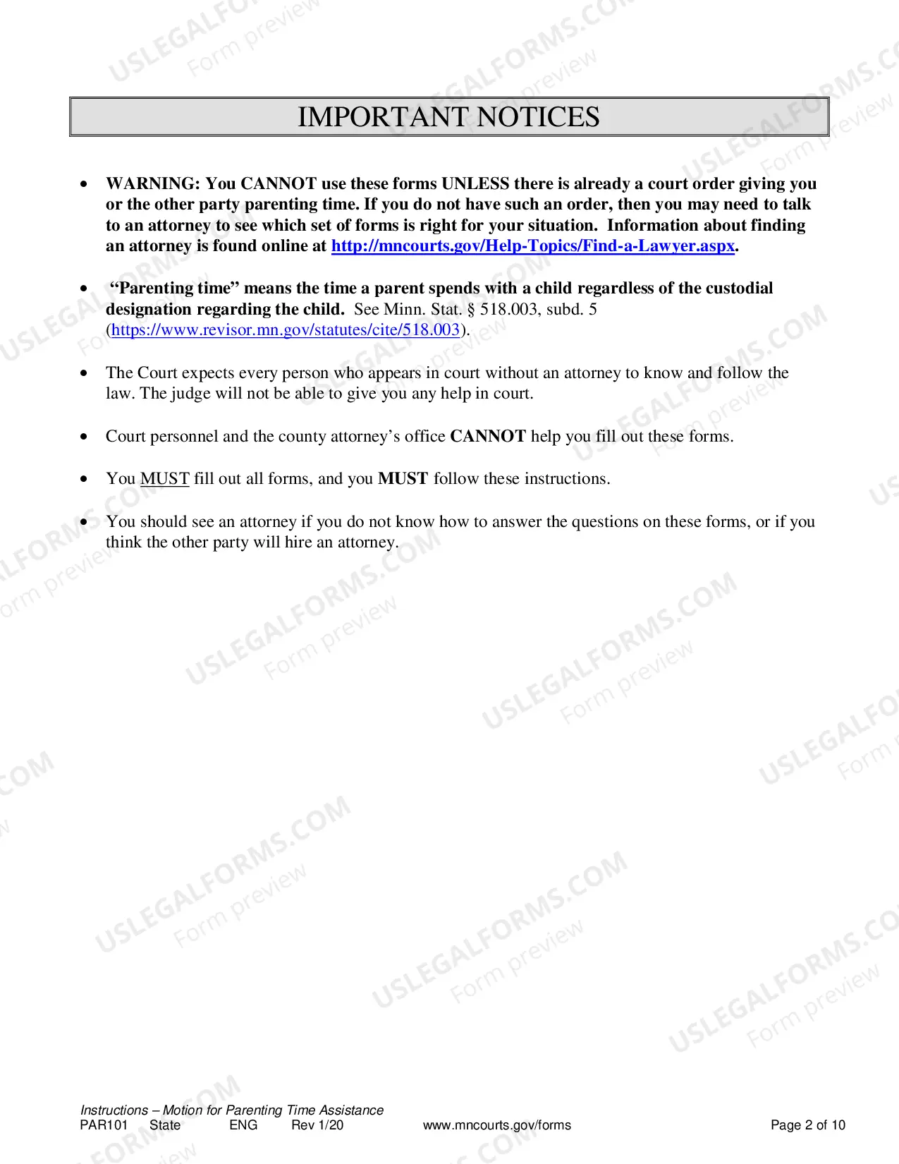 Preview Instructions for Resolution of Parenting Time Problem