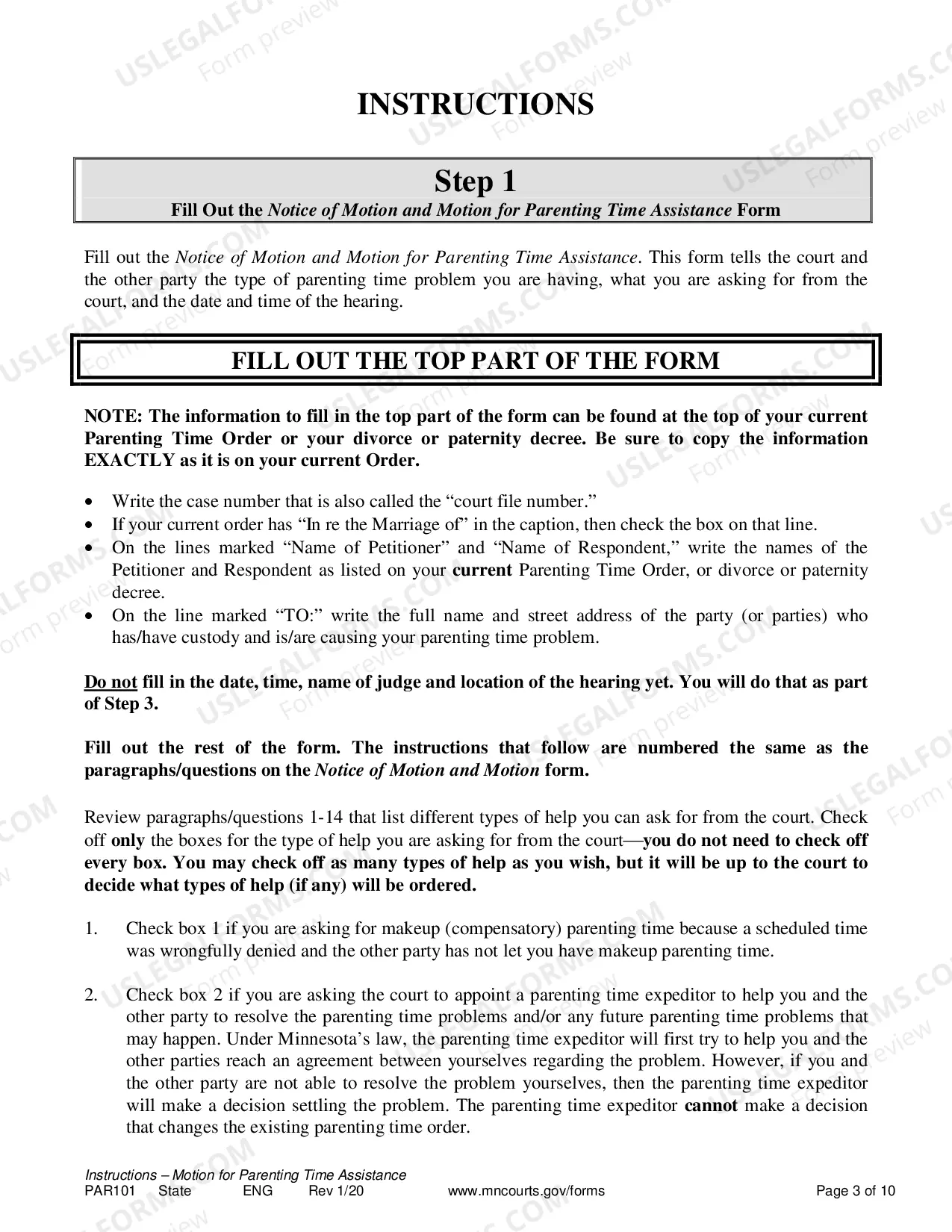 Preview Instructions for Resolution of Parenting Time Problem
