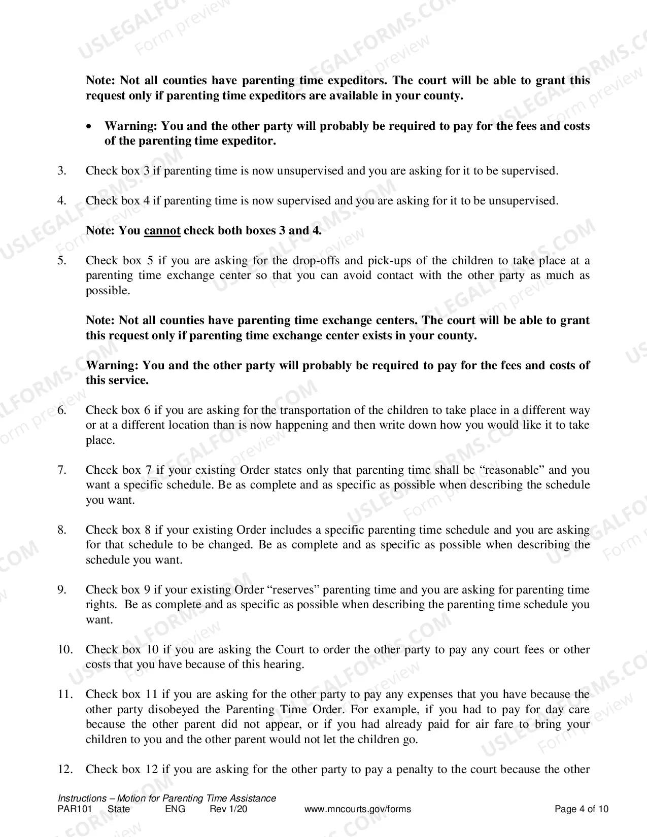 Preview Instructions for Resolution of Parenting Time Problem