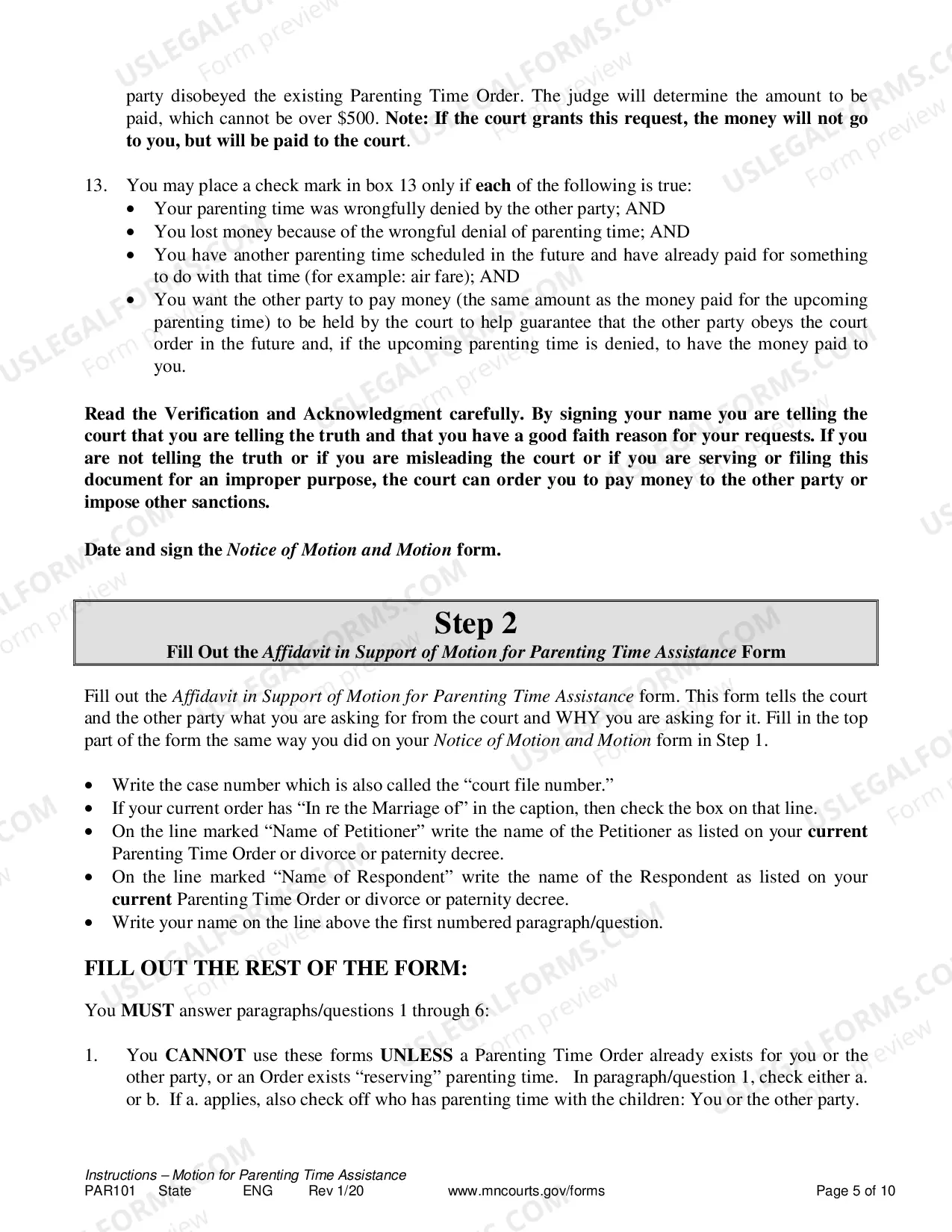 Preview Instructions for Resolution of Parenting Time Problem