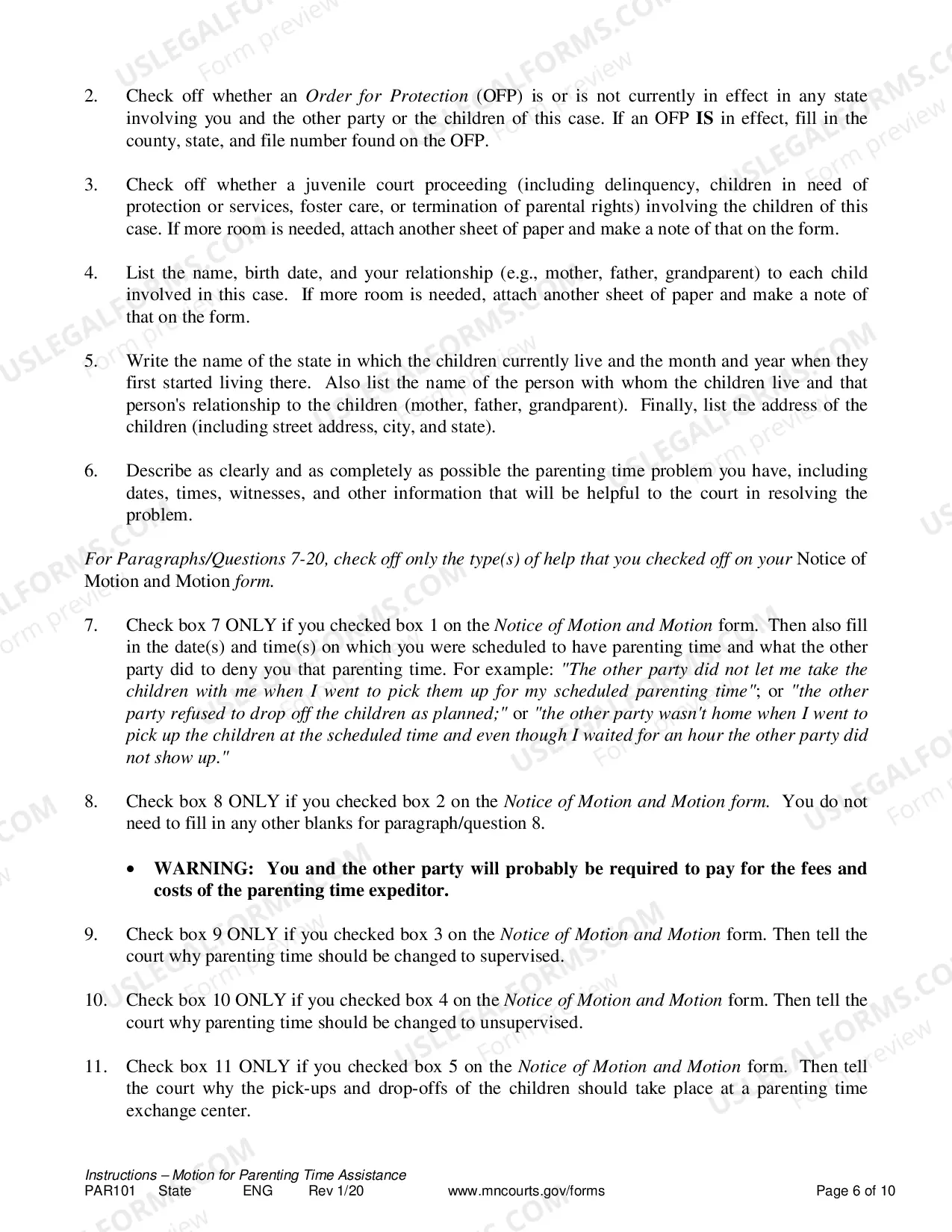 Preview Instructions for Resolution of Parenting Time Problem