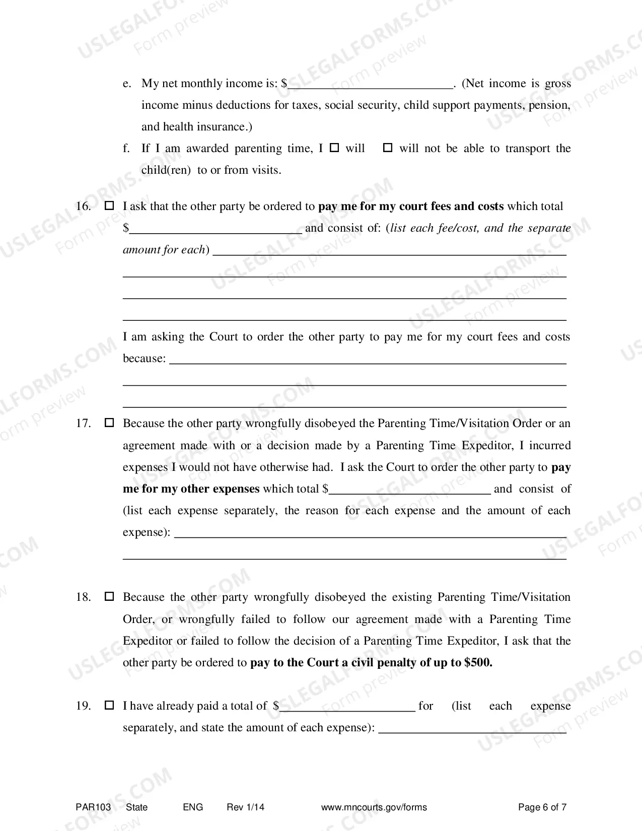 Preview Affidavit in Support of Motion for Parenting Time Assistance