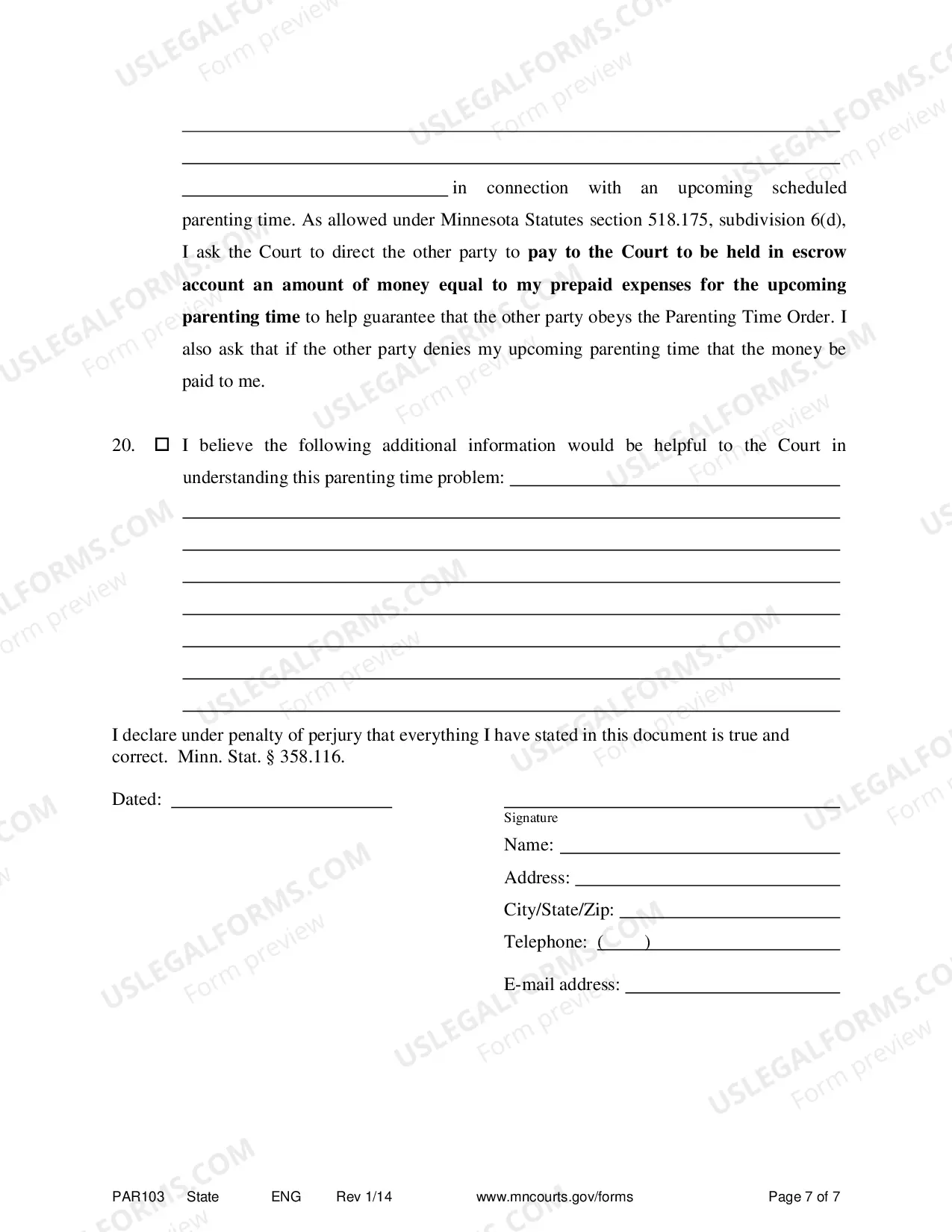 Preview Affidavit in Support of Motion for Parenting Time Assistance