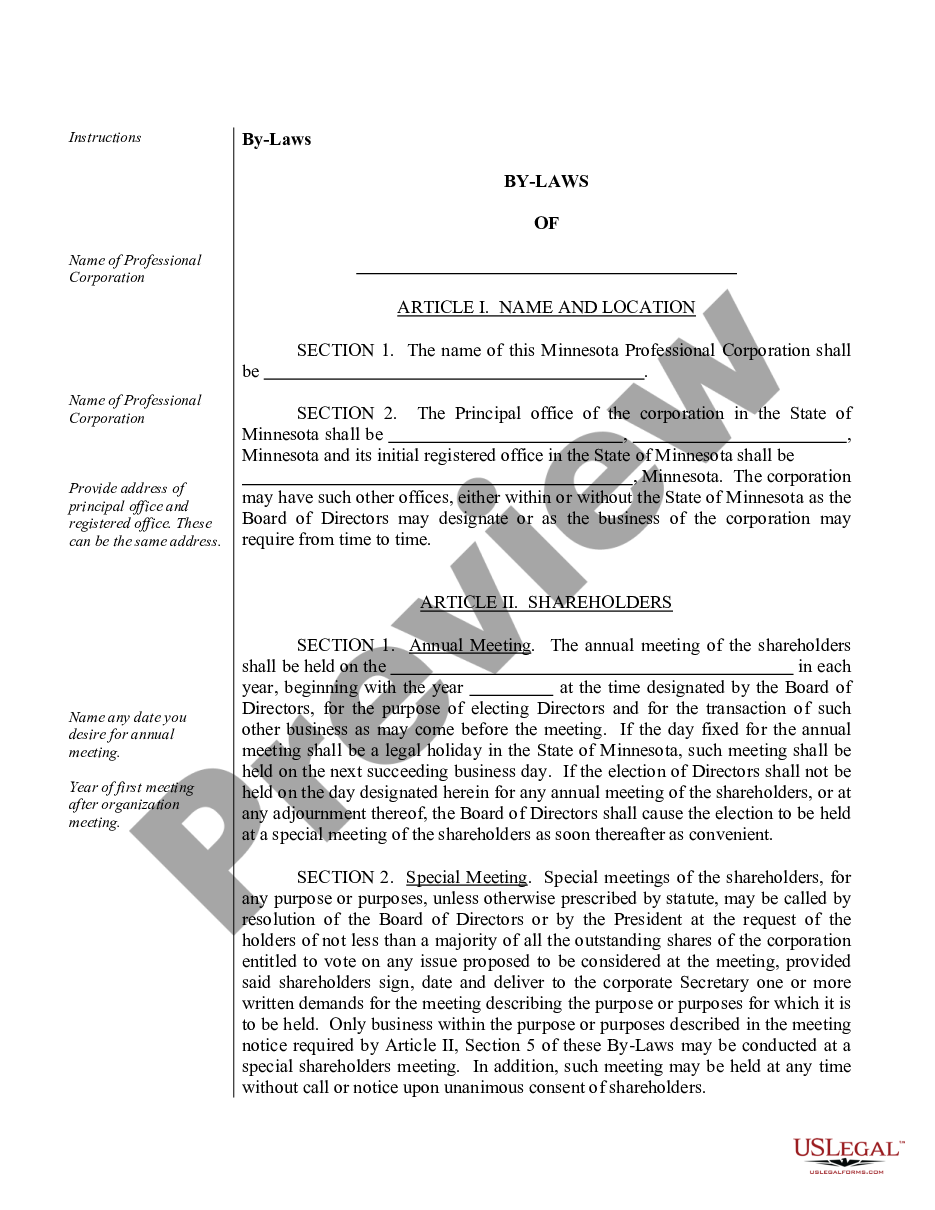 page 1 Sample Bylaws for a Minnesota Professional Corporation preview