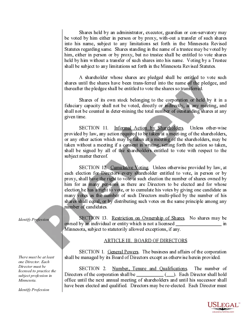 Preview Sample Bylaws for a Minnesota Professional Corporation