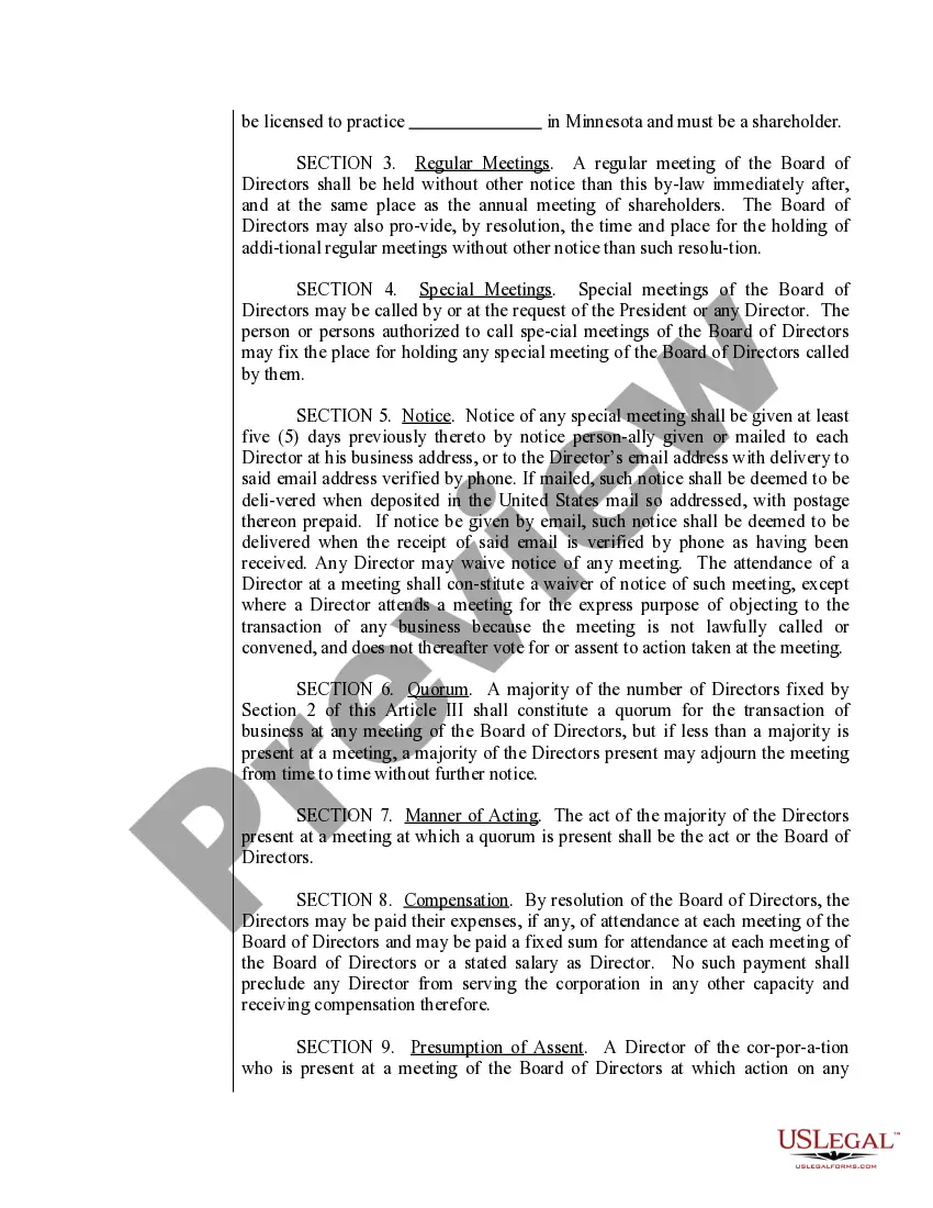 Preview Sample Bylaws for a Minnesota Professional Corporation